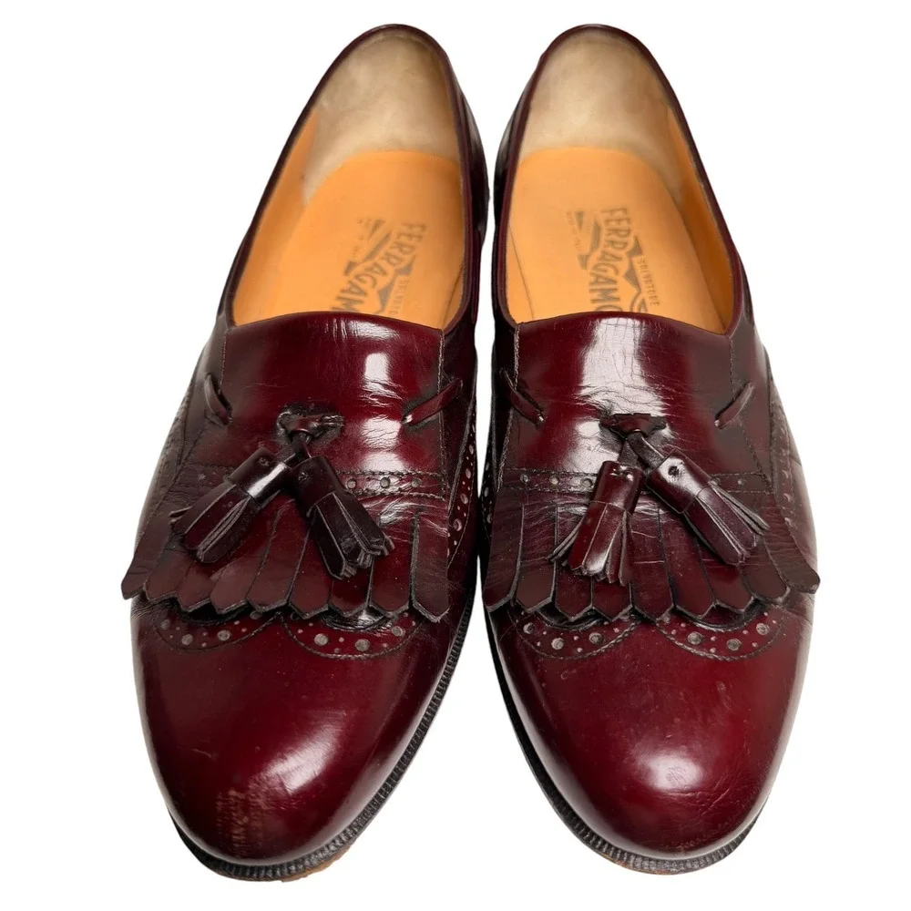 Vintage Ferragamo Kiltie Tassel Loafers Burgundy 8D